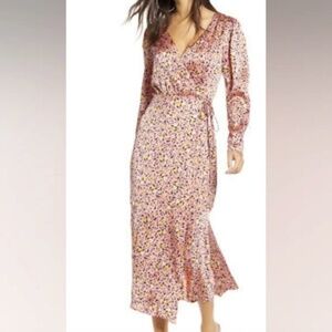 Leith Pink Leopard Print Long Sleeve Satin Midi Wrap Dress Size Small
